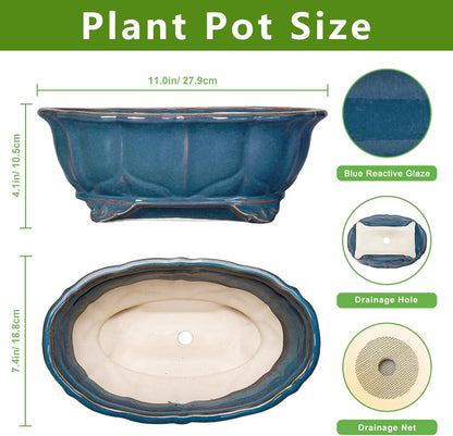 Bonsai Tree Pot - 11 Inch Ceramic Succulent Pots, Bonsai Planter for Indoor Outdoor, Decorative