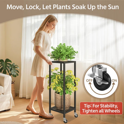 LASZOLA 2 Tier Black Metal Plant Stand Indoor Outdoor with Wheel for Large Planter, Modern Heavy