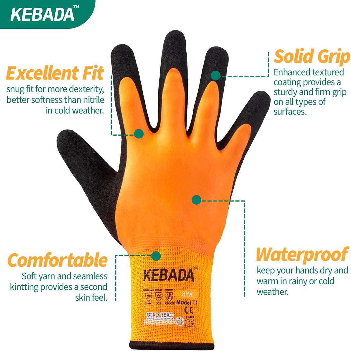 Kebada T1 Waterproof Winter Work Gloves for Men and Women,Insulated Work Gloves for Men Cold