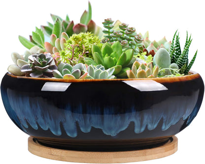 SQOWL 7 Inch Round Ceramic Succulent Planter Pot Drip Glazed Shallow Planter with Drainage Bamboo