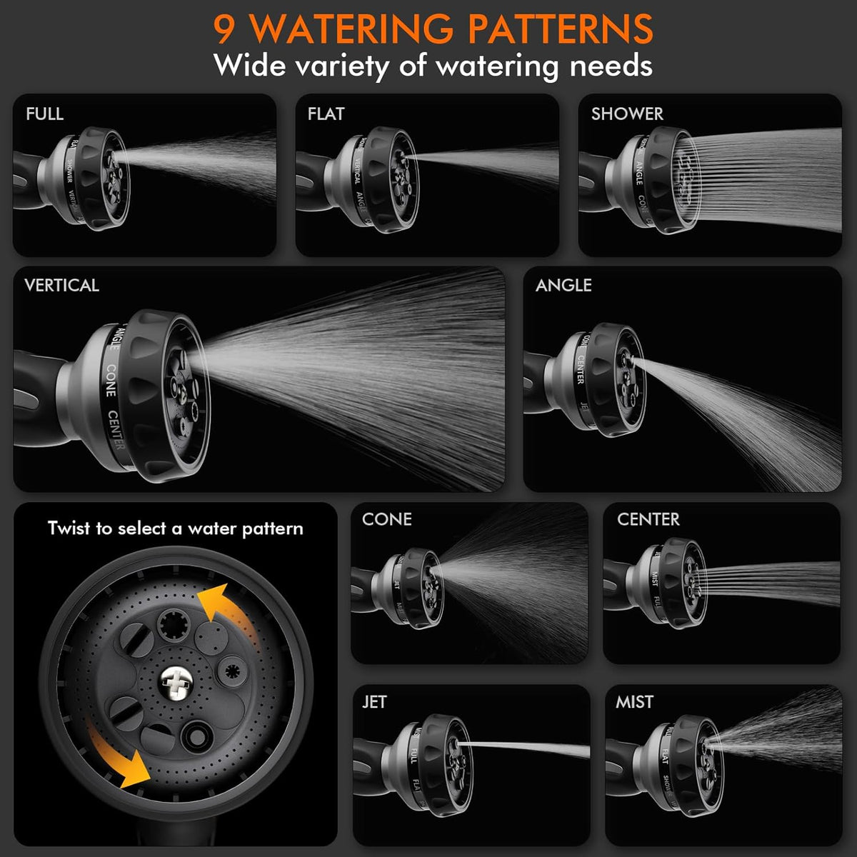 RESTMO Water Hose Nozzle, Metal Garden Hose Sprayer, Heavy Duty | 9 Spray Patterns | High Pressure