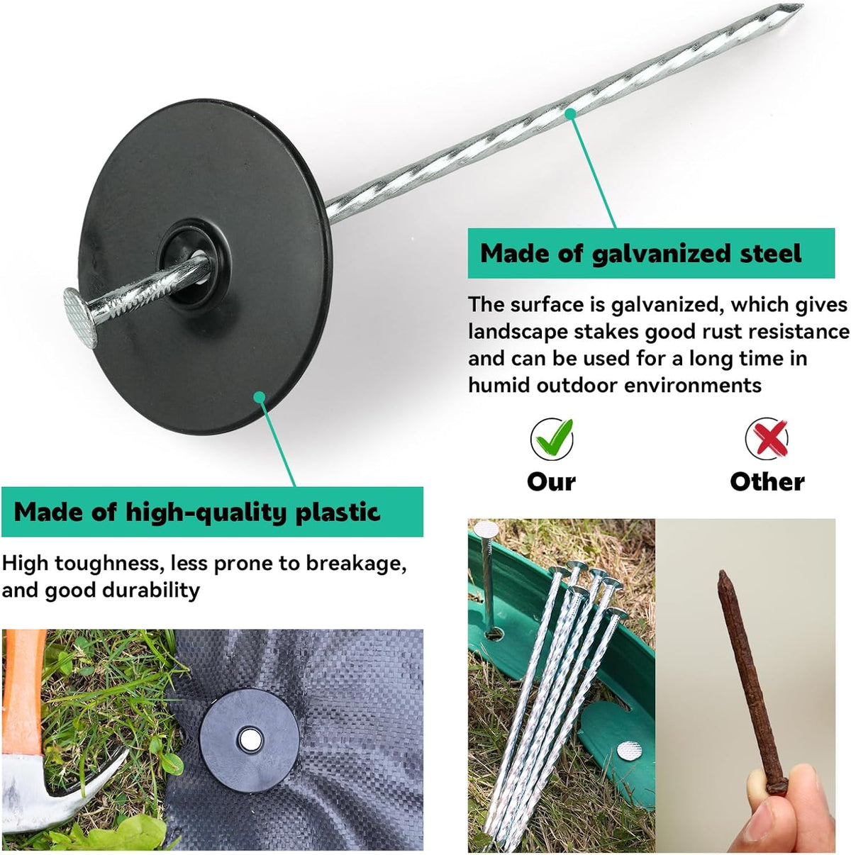 6 Inch 100 Pack Spiral Landscape Stakes with Gasket, Heavy Duty Galvanized Metal Garden Turf Stakes
