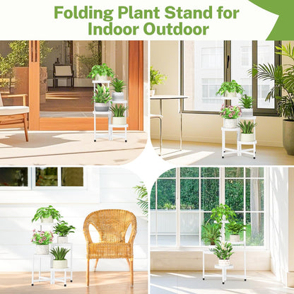 iDavosic.ly 4 Tier Folding Plant Stand Indoor Outdoor with Plastic Tray, Tiered Corner Flower