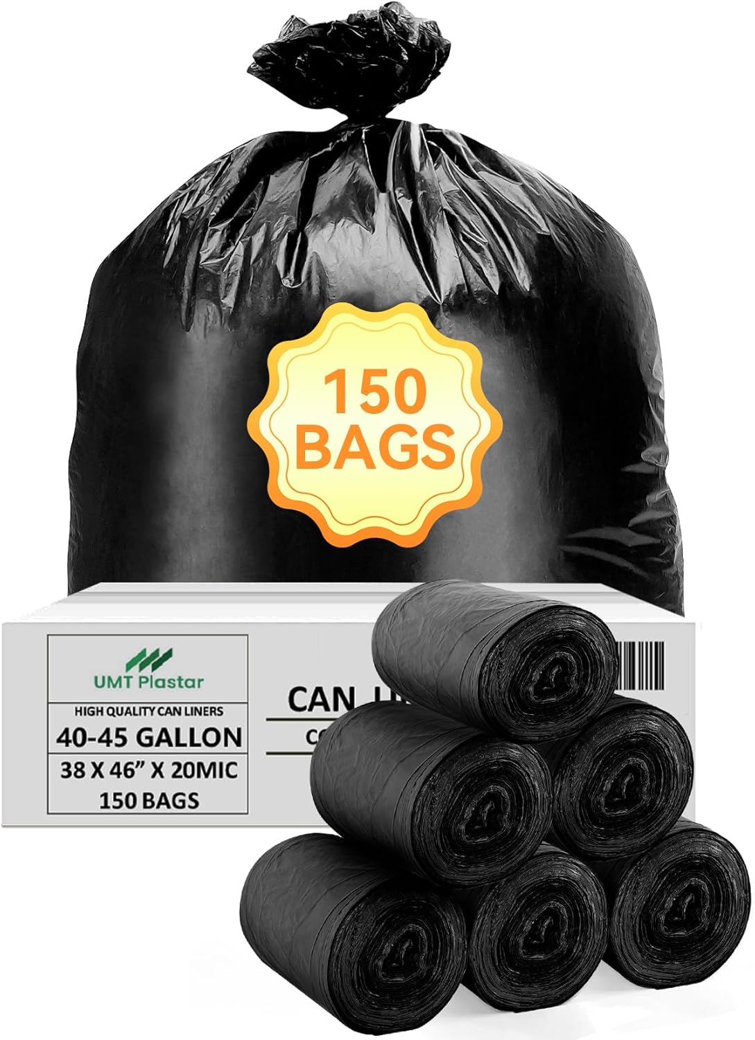 150 Count Heavy Duty Black Trash Bags, 40-45 Gallon, 38x46 Inches, 20 Micron Thick Large Garbage