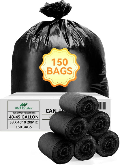 150 Count Heavy Duty Black Trash Bags, 40-45 Gallon, 38x46 Inches, 20 Micron Thick Large Garbage