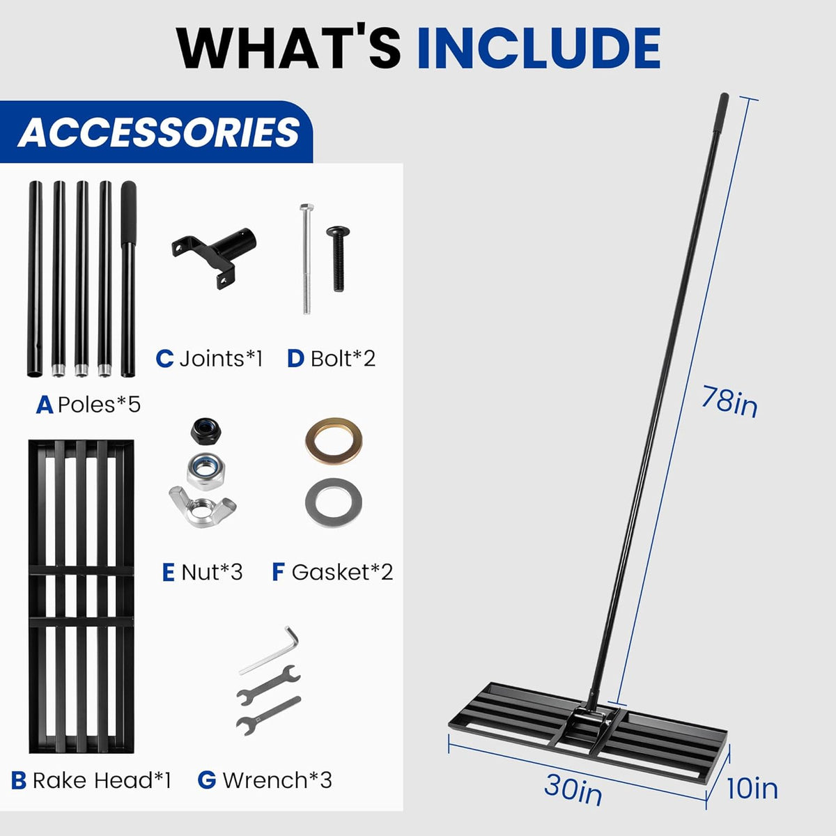 Lawn Leveling Rake, 30x10 Inch Carbon Steel Soil Leveler with 78" Adjustable Long Handle, Perfect