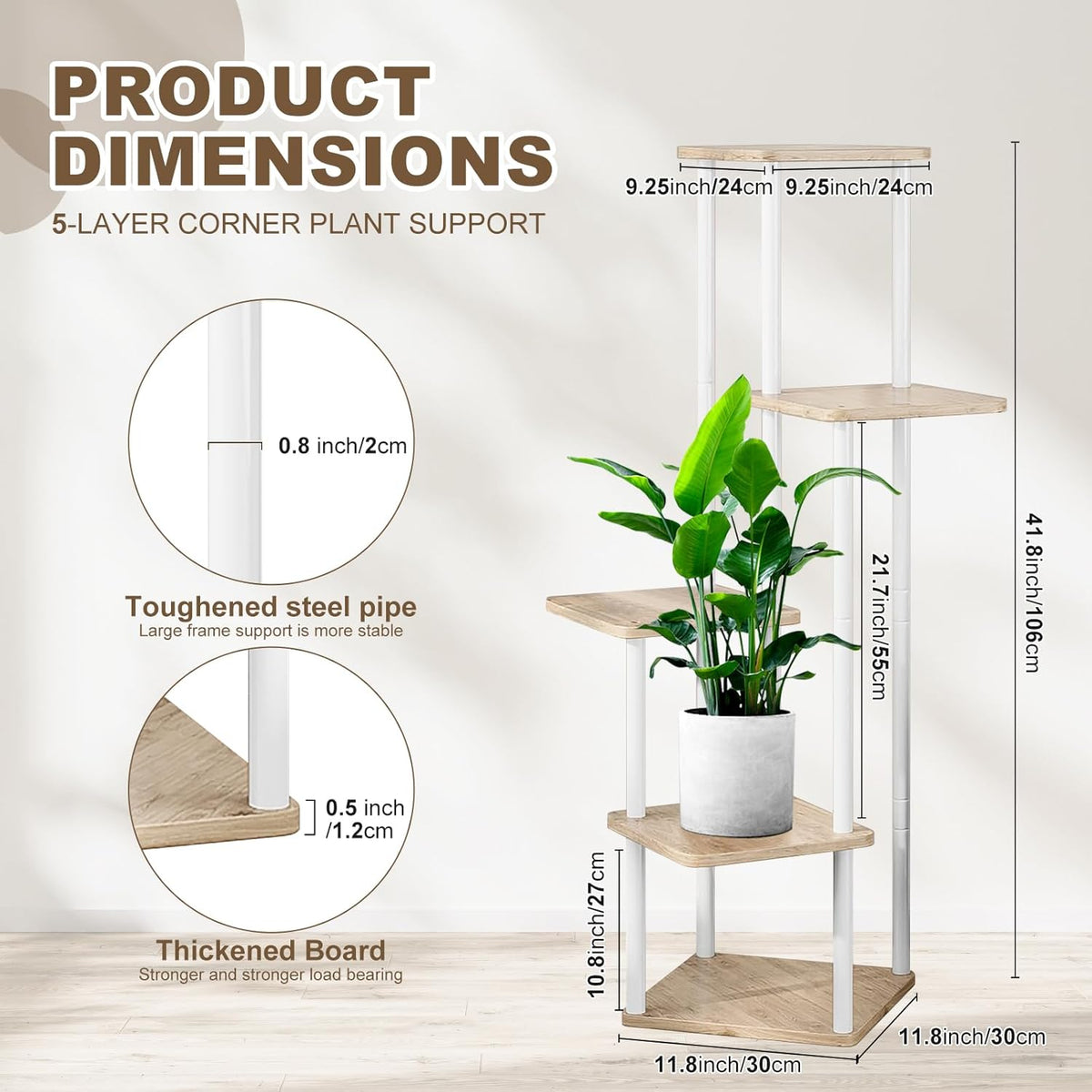 5 Tier Wood Tall Plant Stand Metal Rack Indoor, Multiple Flower Pot Holder Shelves Corner Rack