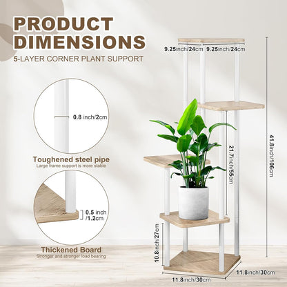 5 Tier Wood Tall Plant Stand Metal Rack Indoor, Multiple Flower Pot Holder Shelves Corner Rack