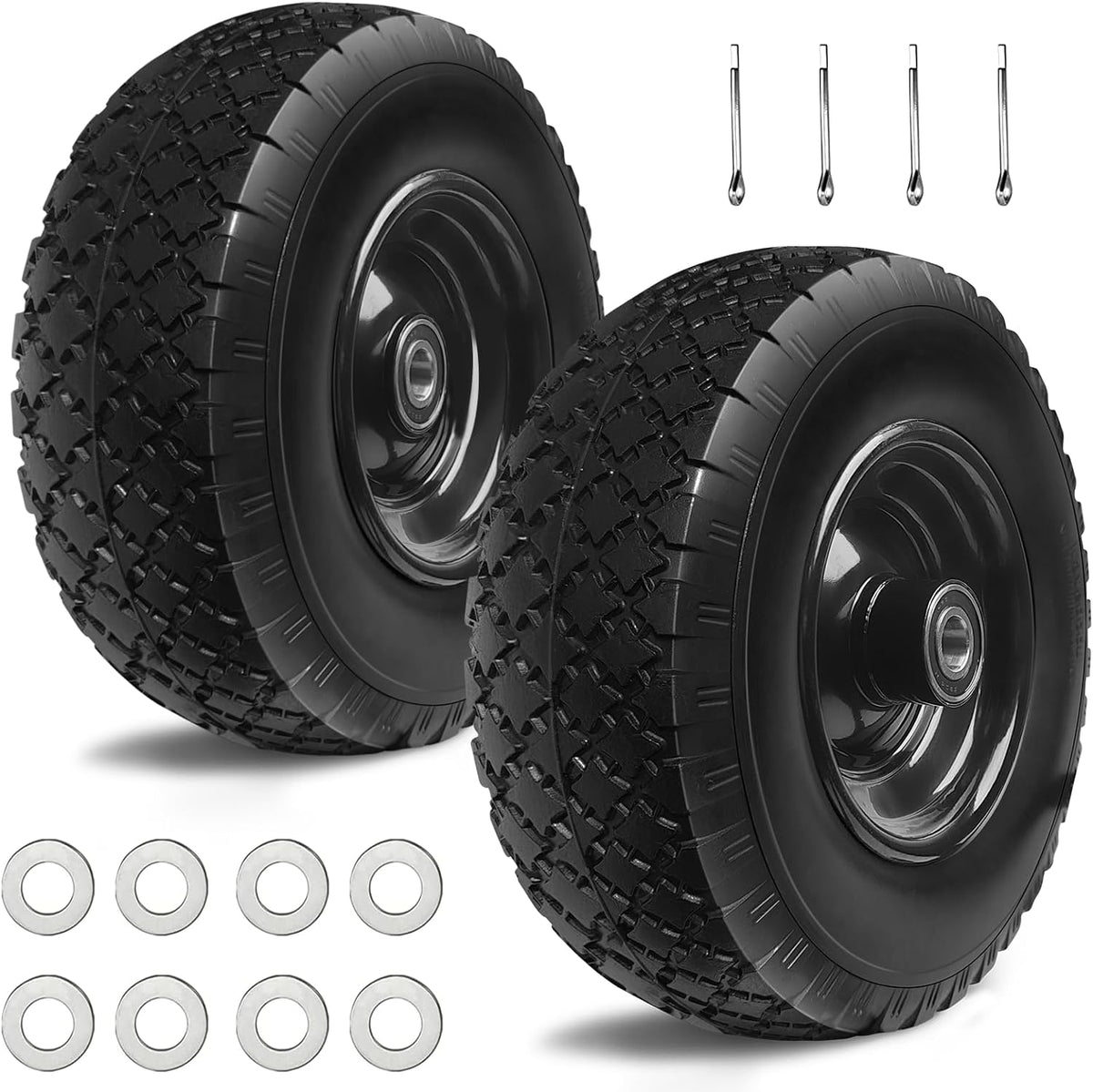 12'' Flat Free Tires Rubber Replacement Solid Tire, 2.1" Offset Hub Wheel Assemblies for Garden