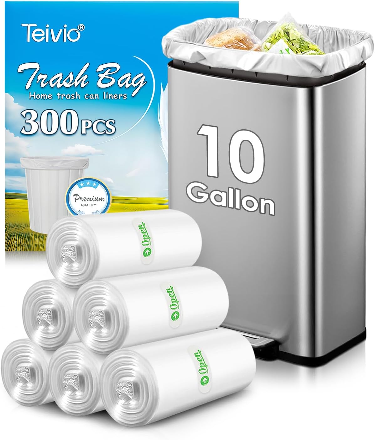10 Gallon 300 Counts Medium Trash Bags Tall Kitchen Garbage Bags by Teivio, 9 Gallon 10 Gallon 11