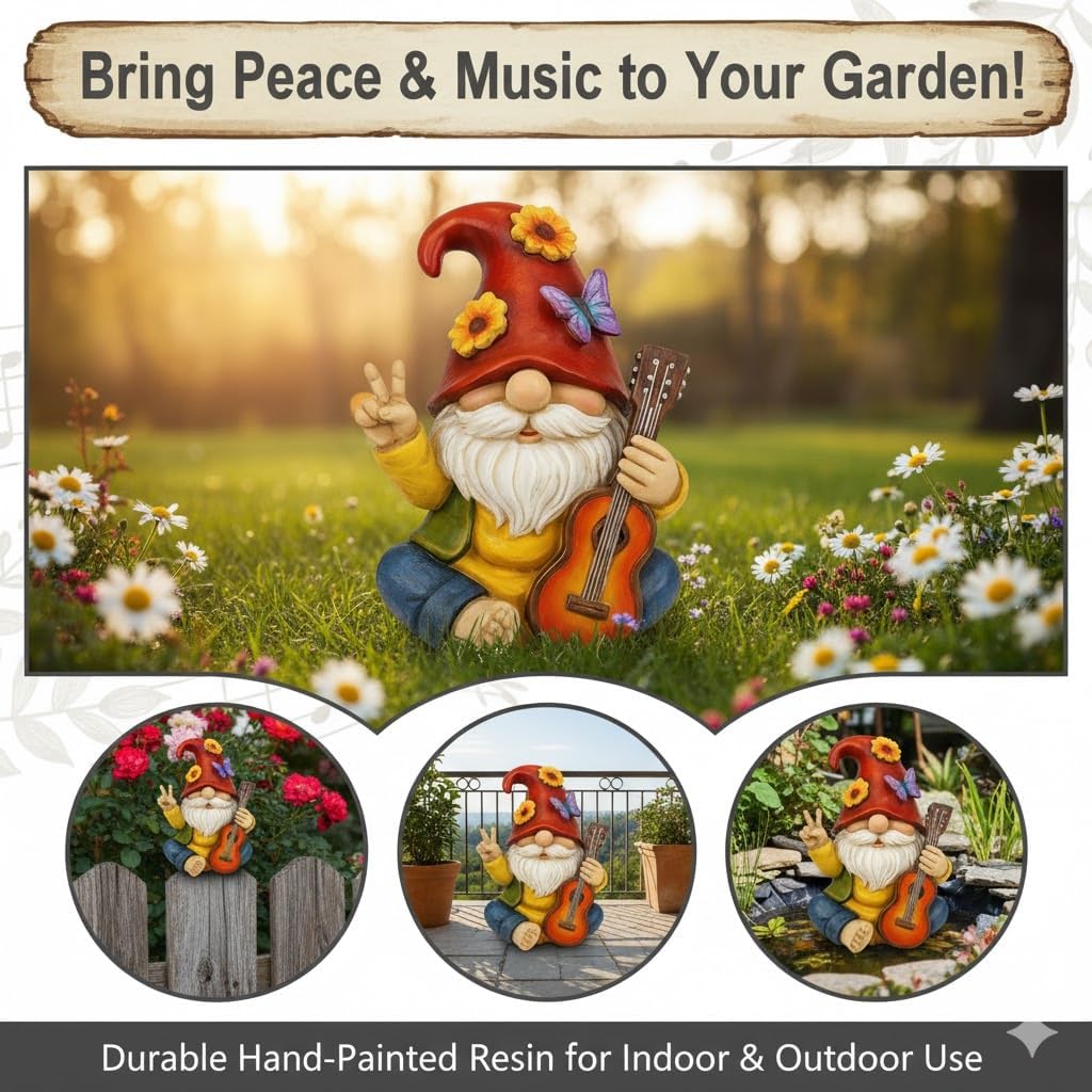 Peace Sign Garden Gnome Figurine Outdoor Statue, Funny Guitar Playing Dwarf Rock Music Decor - 6‘’