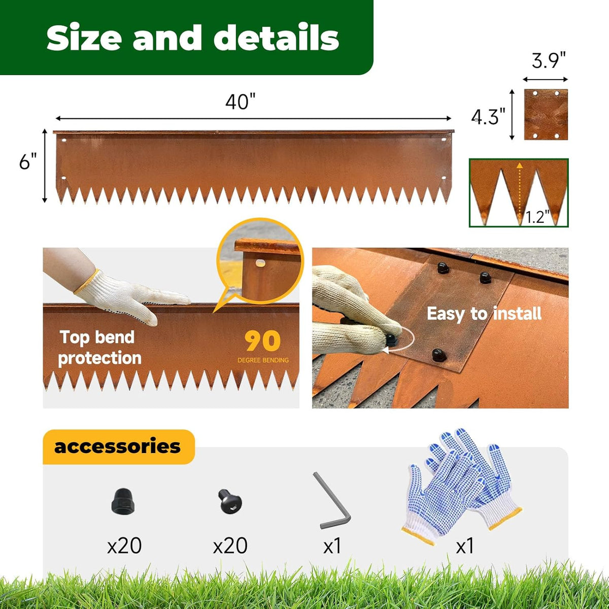 Steel Garden Metal Landscape Edging 40 inch with Top Bending Protection Pre-Rusted Steel Garden