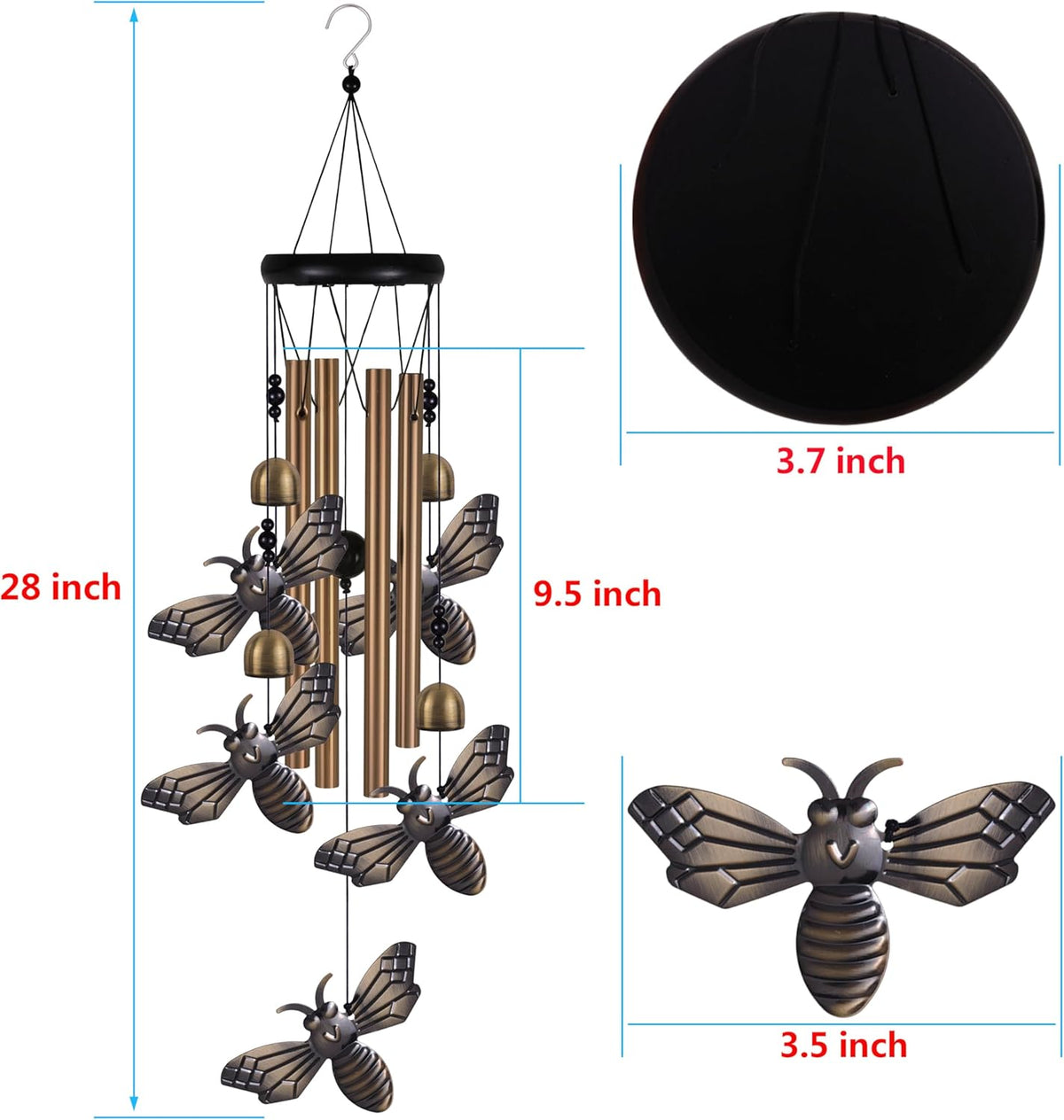 Garden Bee Wind Chimes Outdoor Indoor Decor - with 4 Tubes 4 Bells 5 Bees Wind Chime, Mobile