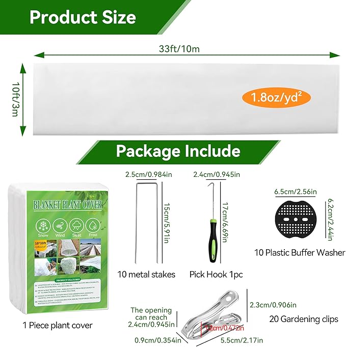 10 FT x 33 FT Plant Covers Freeze Protection kit - 1.8 oz/yd² Thickened Frost Cloths Blankets with