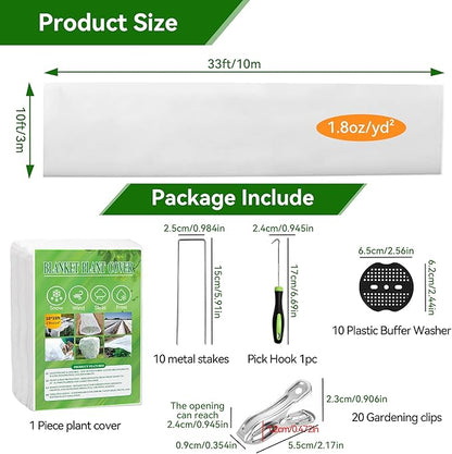 10 FT x 33 FT Plant Covers Freeze Protection kit - 1.8 oz/yd² Thickened Frost Cloths Blankets with