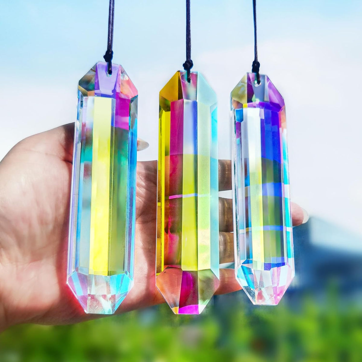 HDCRYSTALGIFTS 3 Pack 5" Large Crystal Sun Catcher Prisms for Windows, AB Colored Suncatcher