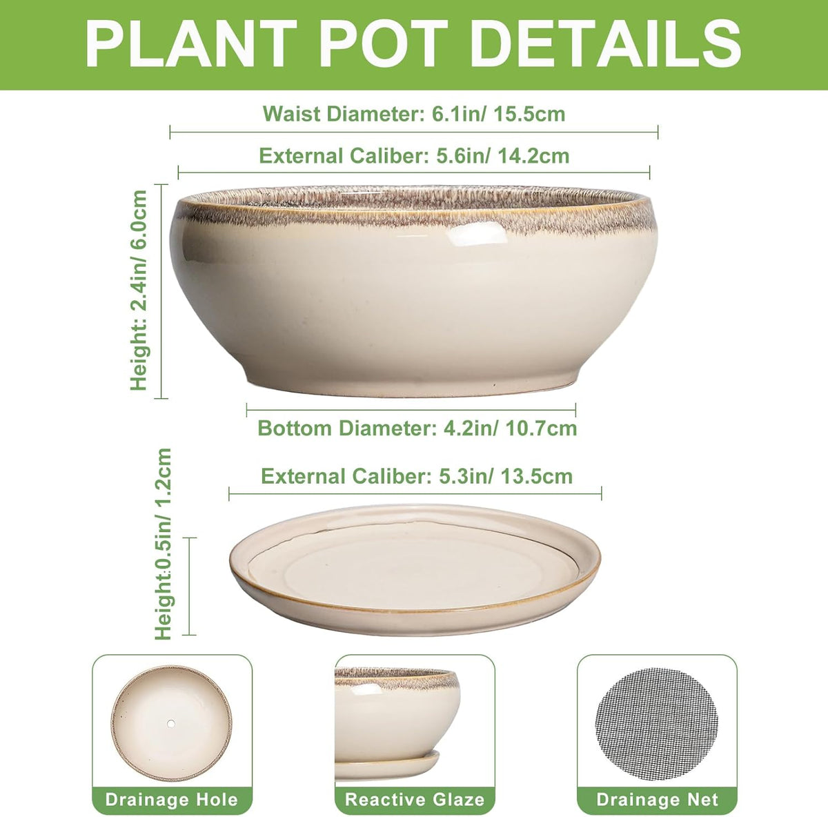 SQOWL Small Bonsai Pots - 6 Inch Ceramic Plant Pots for Succulents, Shallow Planter with Drainage