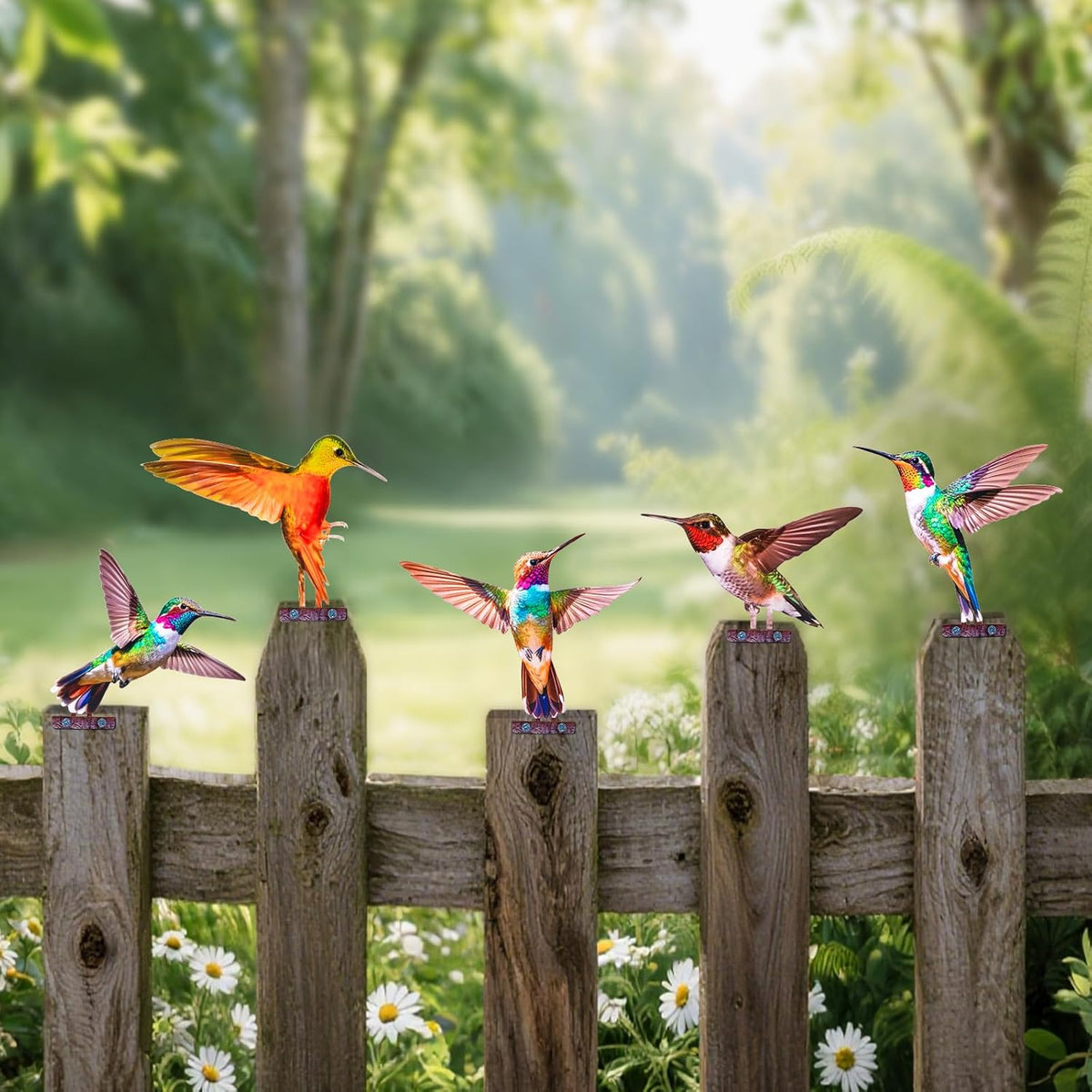 HUYIENO 5PCS Vibrant Metal Bird Decorations Colorful 2D Garden Fence Ornaments for Outdoor Patio &
