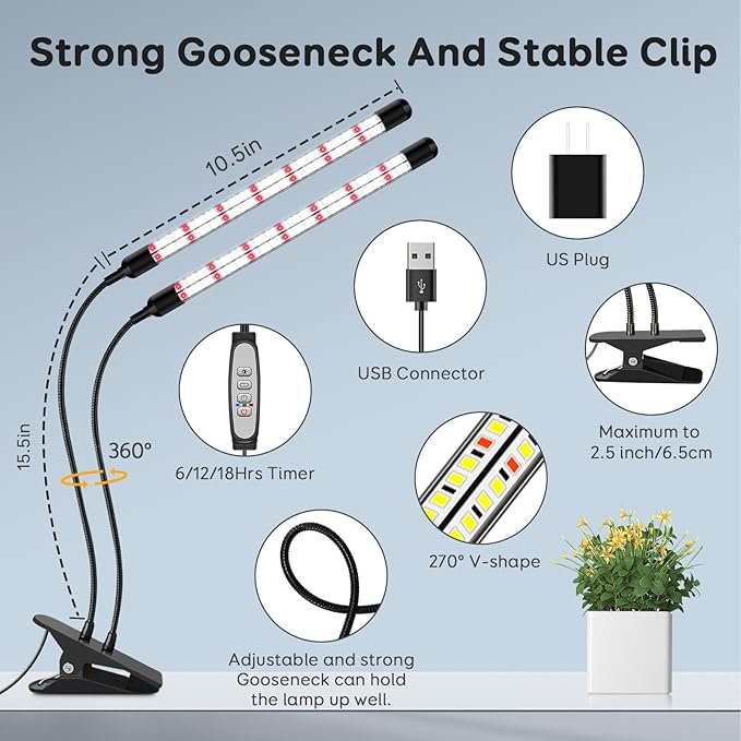 V-Shape Grow Lights for Indoor Plants, 2 Heads LED Full Spectrum Lamps With Clips, 5 Dimmable