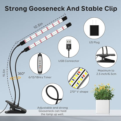 V-Shape Grow Lights for Indoor Plants, 2 Heads LED Full Spectrum Lamps With Clips, 5 Dimmable