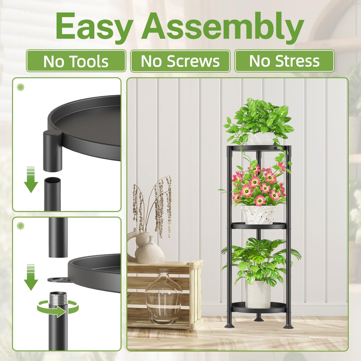 iDavosic.ly 3 Tier Plant Stand Indoor with 10 Inch Wide Tray, Vertical Corner Metal Outdoor Flower
