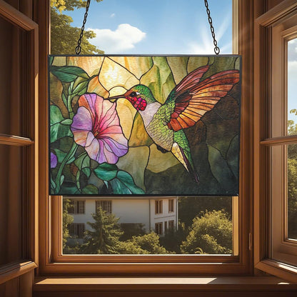 Customized Rectangle Art Nouveau Hummingbird and Glory Stained Glass Window Hanging, Stained Glass
