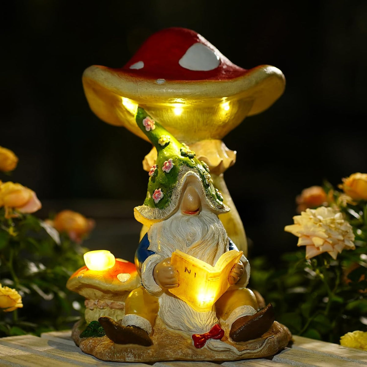 Solar Garden Outdoor Statues Gnome Reading Under Mushroom with 5 LED Solar Figurine for