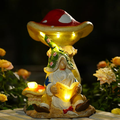 Solar Garden Outdoor Statues Gnome Reading Under Mushroom with 5 LED Solar Figurine for