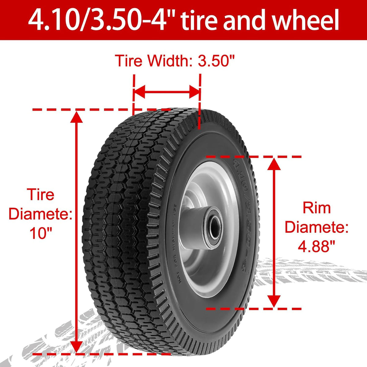 10" Solid Tire Replacement 4.10/3.50-4 Flat Free Tire and Wheel for Garden Carts, Hand Trucks