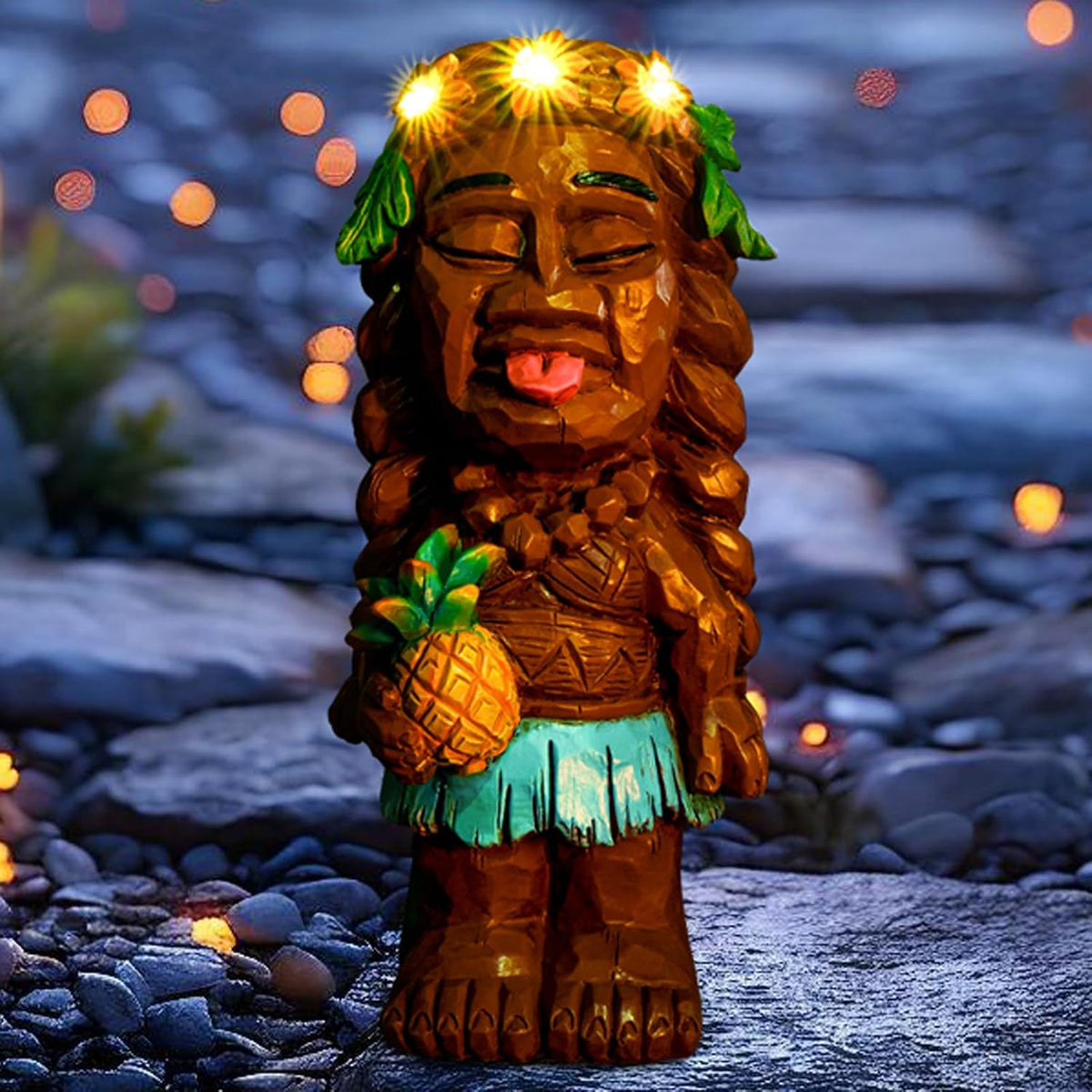 Solar Tiki Girl Garden Statues Tiki Lady Holding Pineapple Figurine with Flower LED Lights Bar