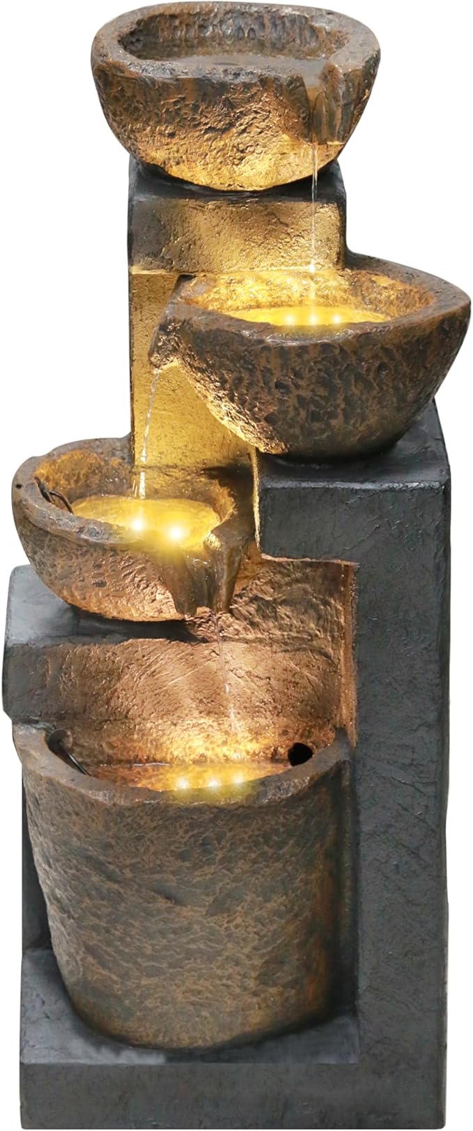 4-Tiers Cascading Bowls Outdoor Water Fountain with LED Light, Standing Cascading Water Feature