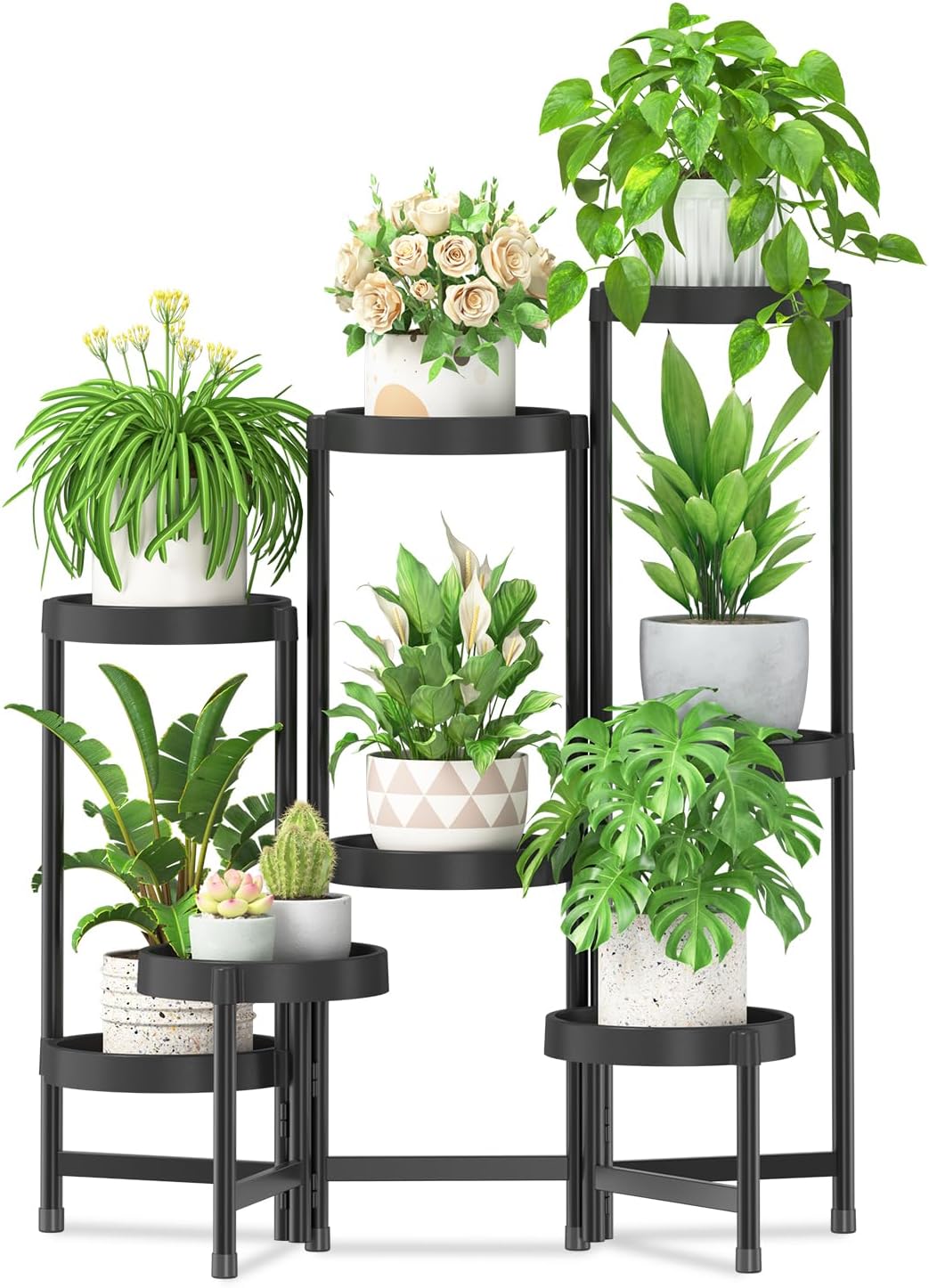 iDavosic.ly 8 Tier Folding Plant Stand Indoor Outdoor with Plastic Tray, Tiered Corner Flower