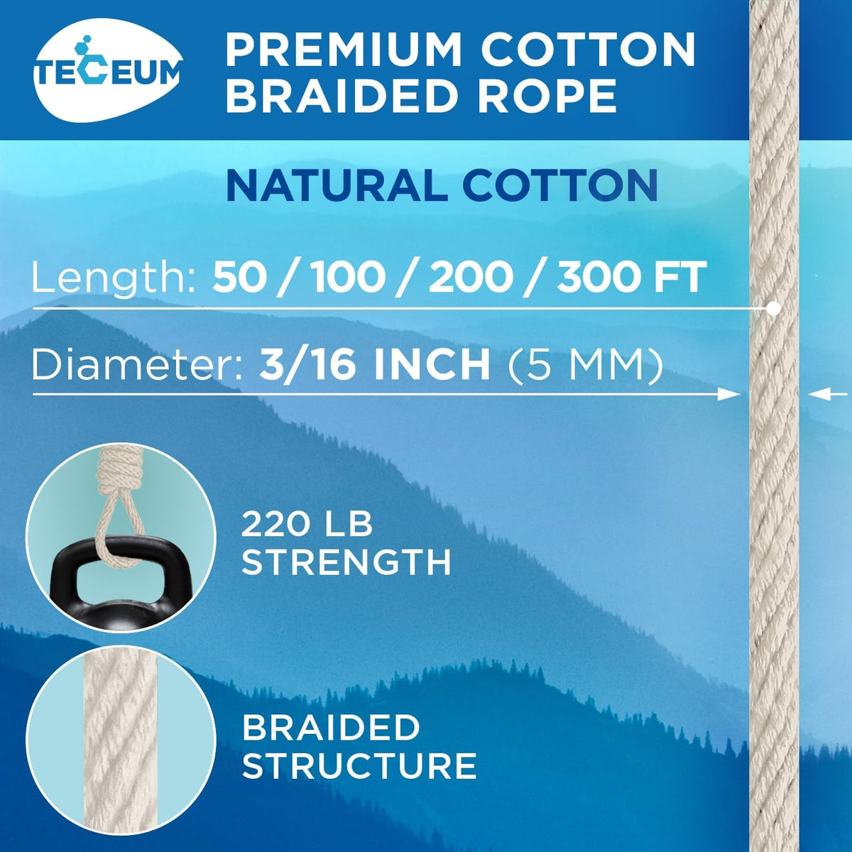 TECEUM 500lb Cotton Rope 3/16” (5 mm) – 50 FT | 100 FT– Strong All-Purpose Braided Rope – Natural