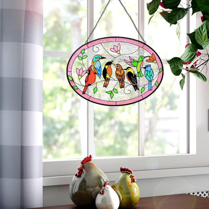 Huray Rayho Birds On A Branch Stained Glass Ornament, 9.5''x6.7'' Cardinal Hummingbird Suncatcher