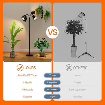 Bstrip Grow Lights for Indoor Plants, 4 Head Floor Grow Light Stand with Flexible Gooseneck, 3800K
