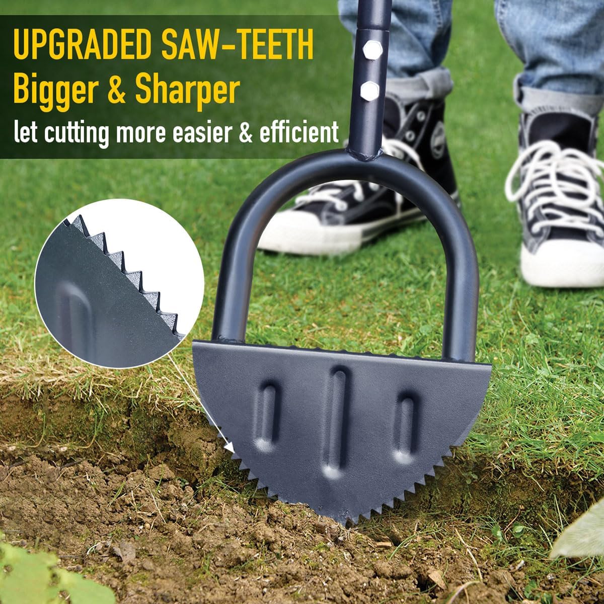 Colwelt Saw-Tooth Edger Lawn Tool, Half Moon Lawn Edger with T-Grip, Sidewalk Grass Long Handled