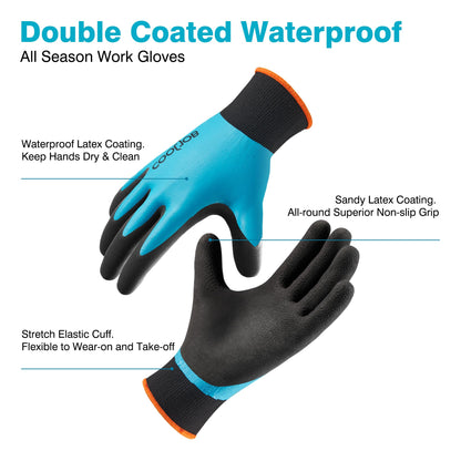 COOLJOB Waterproof Gardening Work Gloves with grip for Women & Men, Double Rubber Coated for Garden