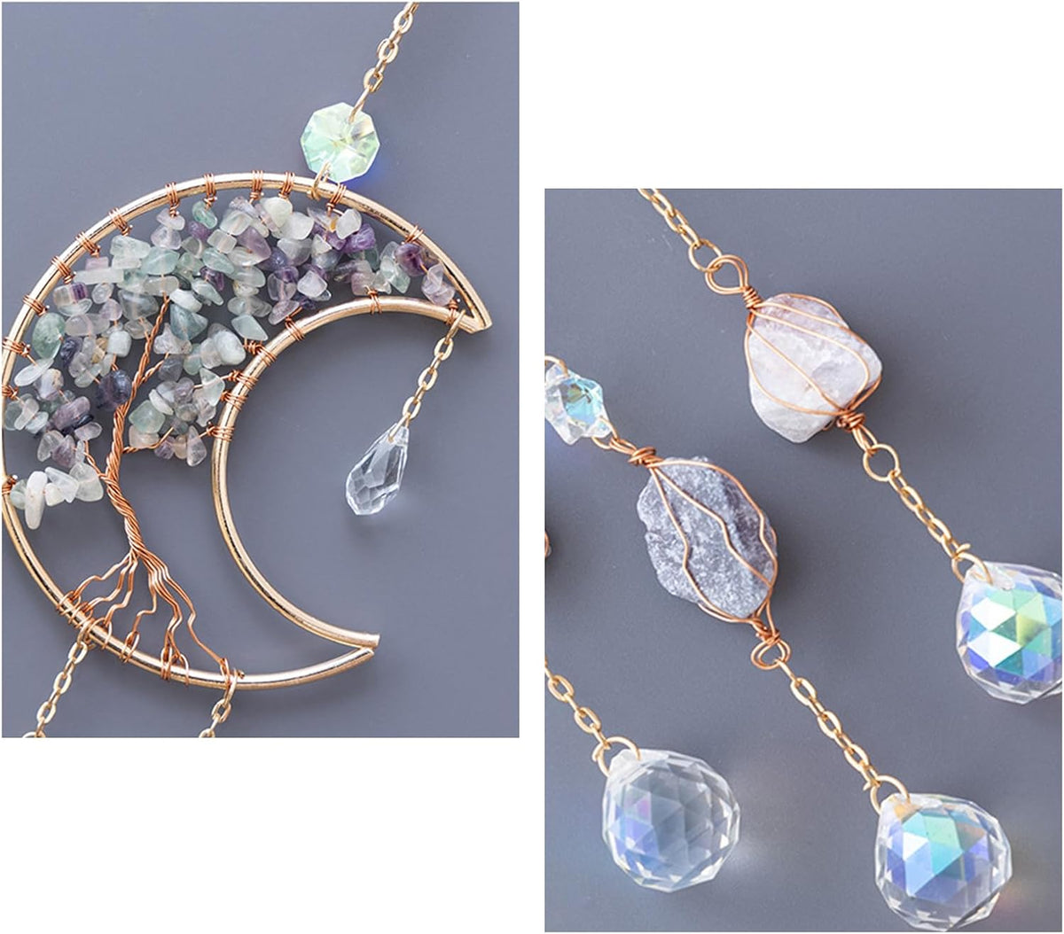TUOKING Crystal Moon Suncatchers for Window Hanging Tree of Life Natural Healing Stones Wind Chimes
