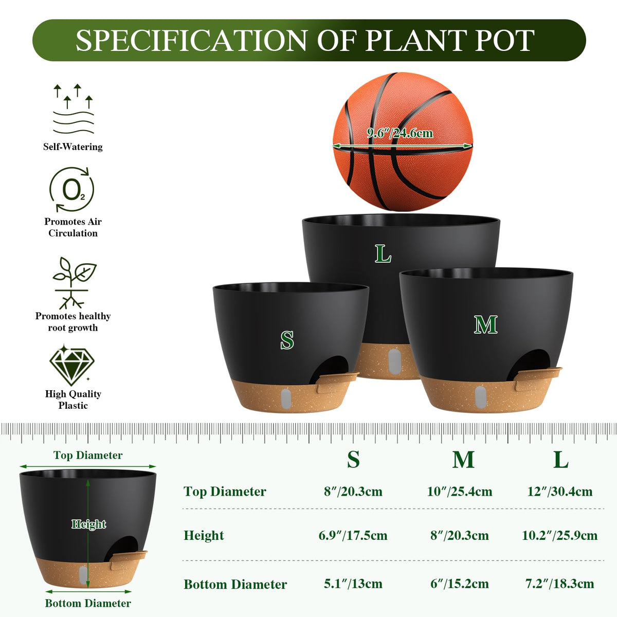 KUGAZ Self Watering Pots with Drainage Holes, 3 Pack 12/10/8 Inch Plant Pots with Water Level