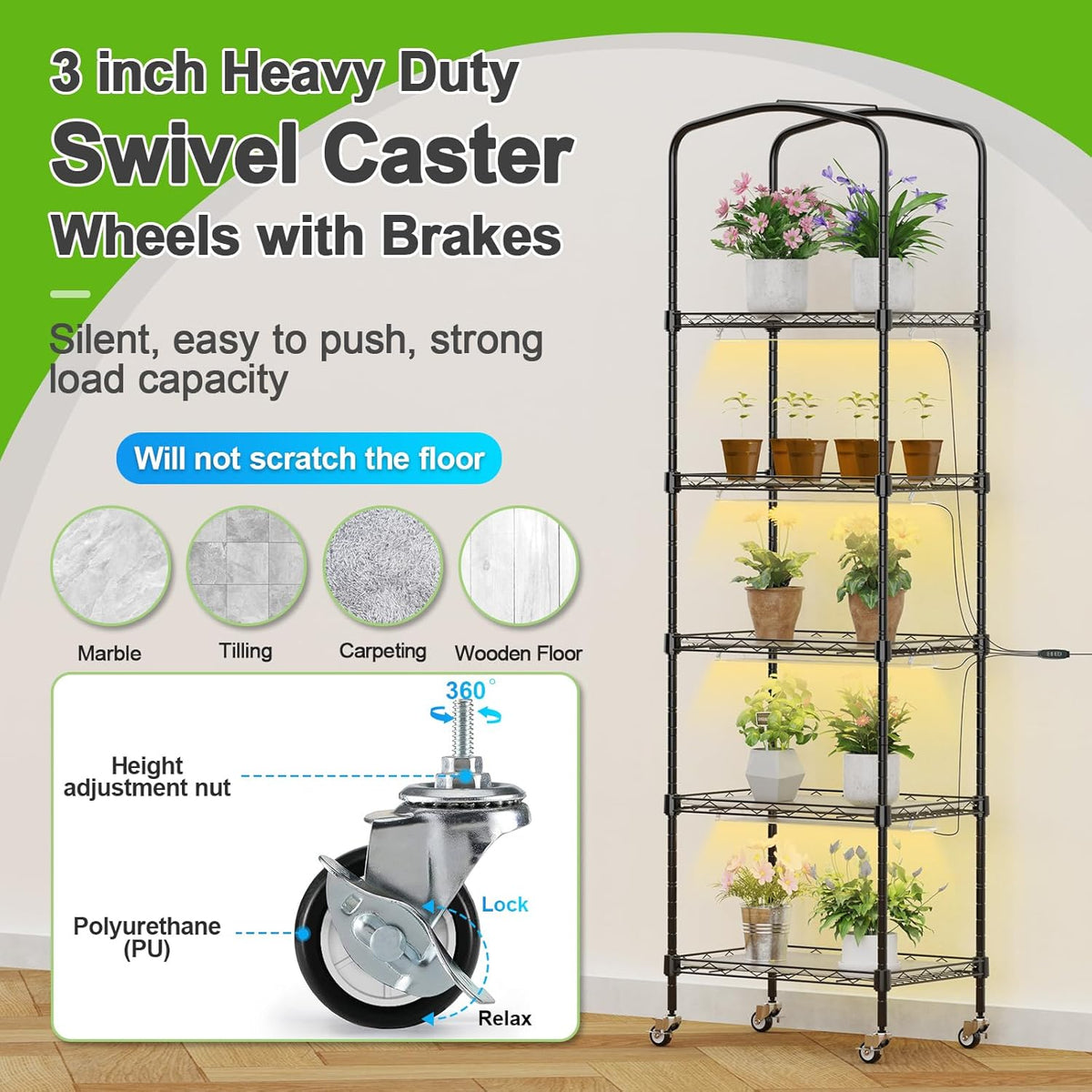 Abimars 5-Tier Mini Greenhouse with Grow Light, Shelf Height Adjustable Metal Plant Shelf with PVC