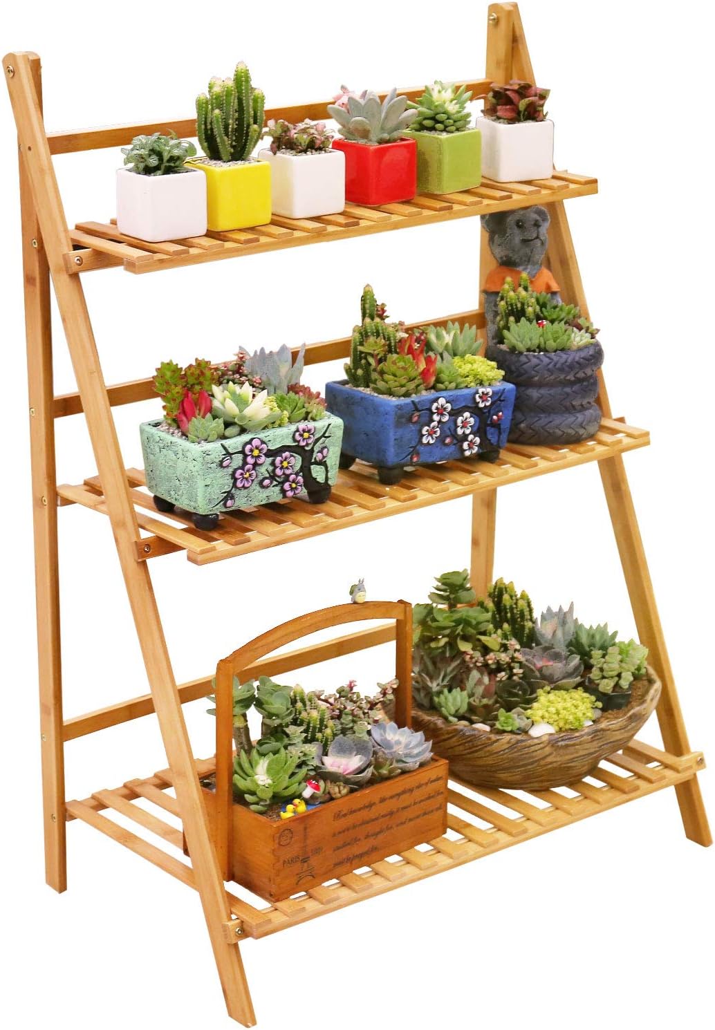 Ufine Bamboo Ladder Plant Stand 3 Tier Foldable Flower Pot Display Shelf Rack for Indoor Outdoor