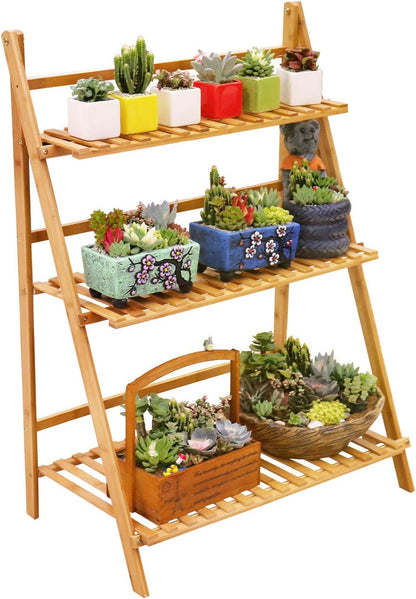Ufine Bamboo Ladder Plant Stand 3 Tier Foldable Flower Pot Display Shelf Rack for Indoor Outdoor