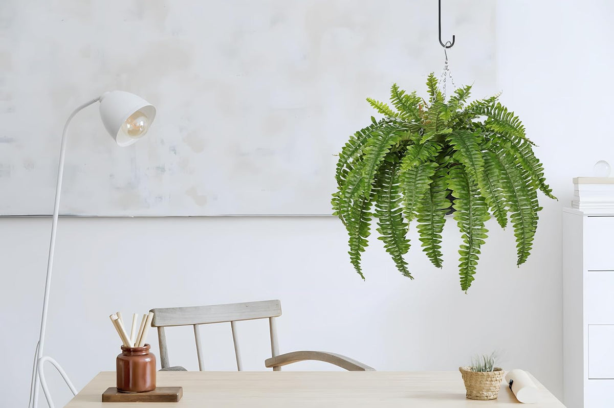 Hollyone 33" Artificial Boston Fern Hanging Basket Large 39 Leaves Fake Ferns in Rattan Pot