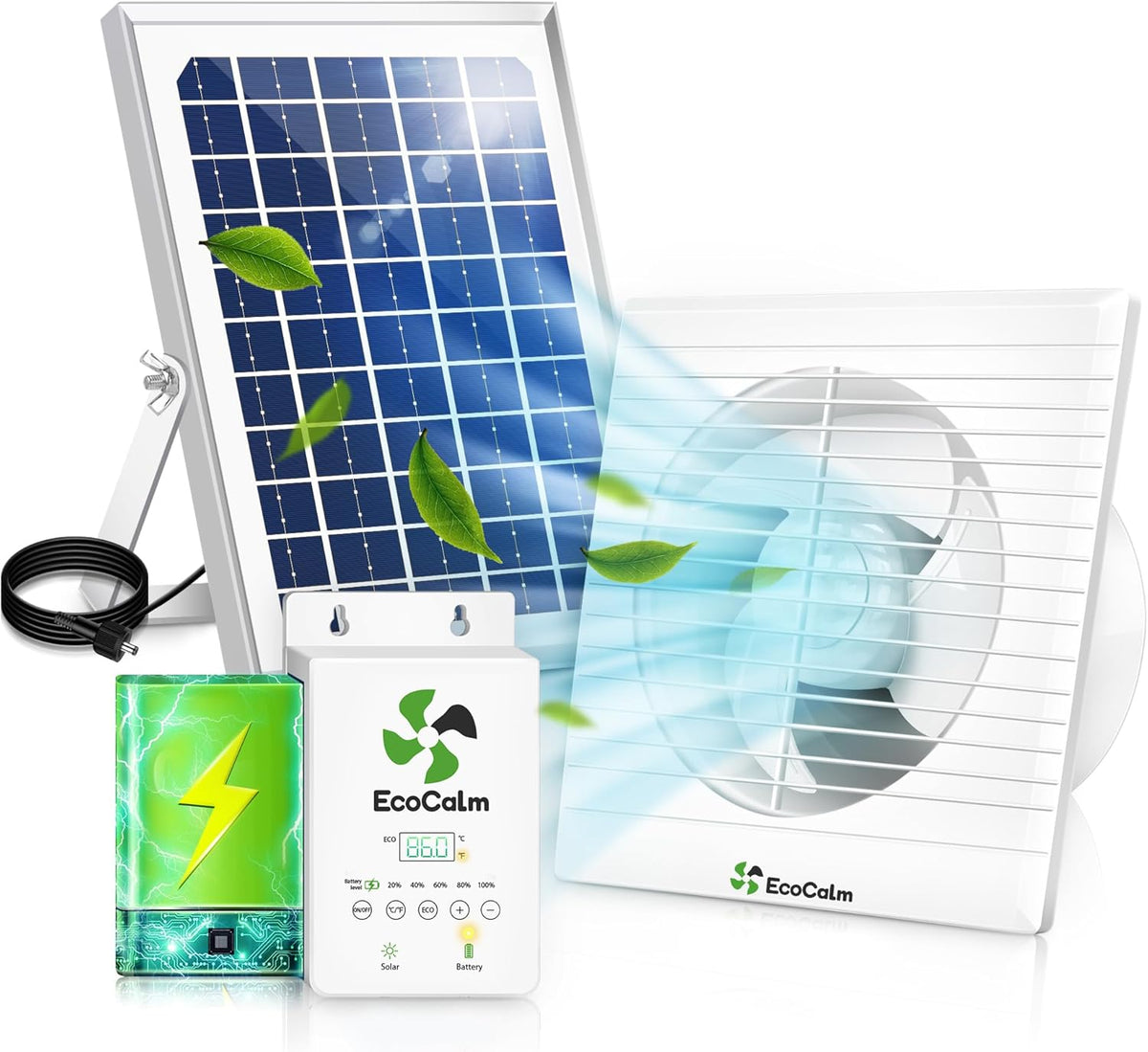 Solar Powered Fan with Battery and Adjustable Thermostat, 6“ Solar Fan for Chicken Coop with 12W