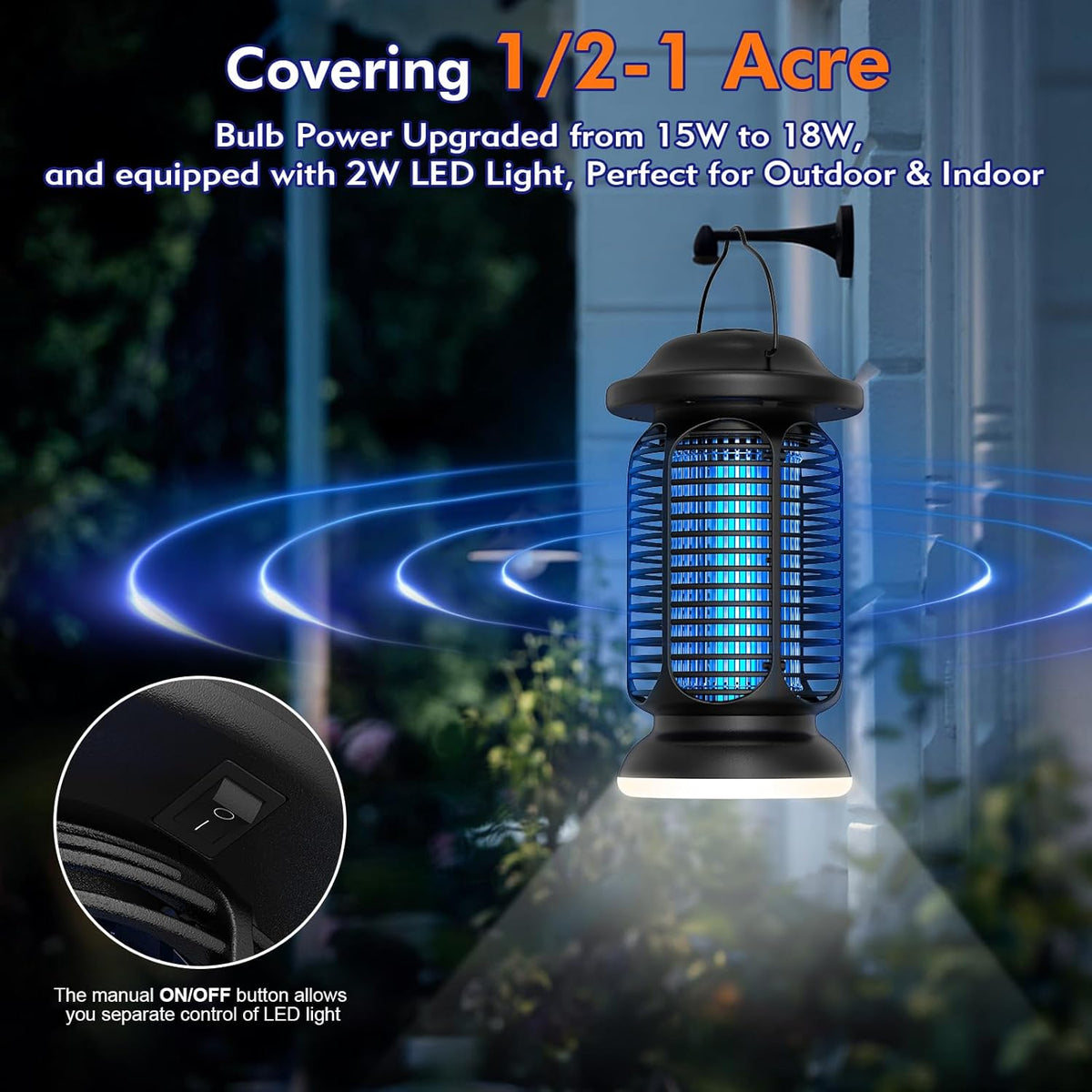 Bug Zapper Outdoor & Indoor, Upgraded 18W Exclusive Blue-Violet Light with 2W LED Lamp, 100%