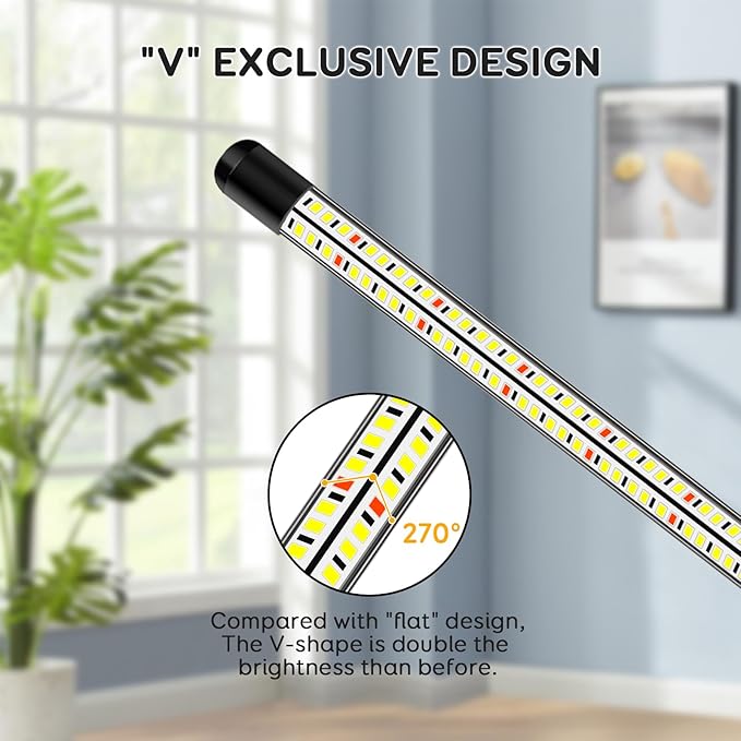 V-Shape Grow Lights for Indoor Plants, 2 Heads LED Full Spectrum Lamps With Clips, 5 Dimmable