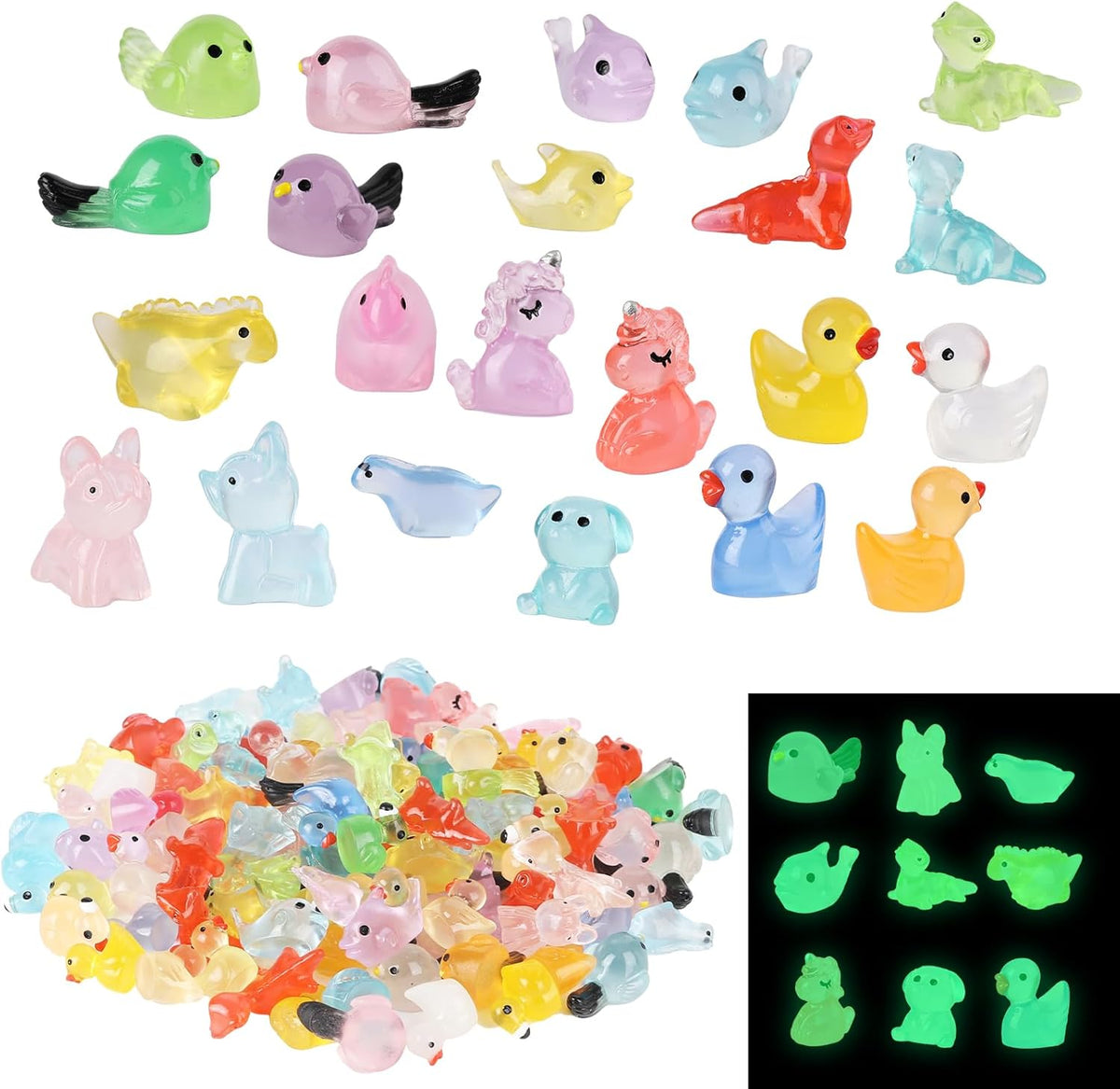 200 Pcs Tiny Resin Animals to Hide, Mini Luminous Resin Animals Bulk for Miniature Fairy Garden