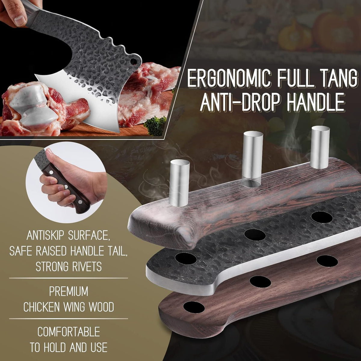 ROCOCO Meat Bone Cleaver Knife for Meat Cutting Handmade Heavy Duty Butcher Axes Hand Forged Full