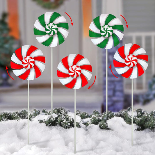 5 Pack Metal Colorful Candy Wind Spinners Outdoor,Lollipop Christmas Decorations Outside,Yard Stake
