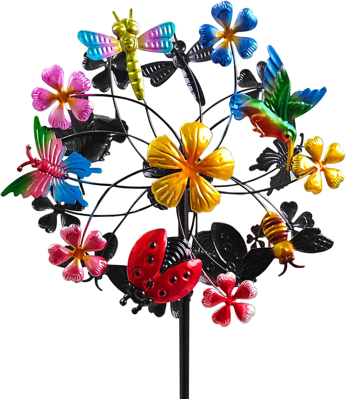 Flower Wind Spinners Outdoor, Metal Windmill with Hummingbirds, Butterflies and Bees, Pinwheels for